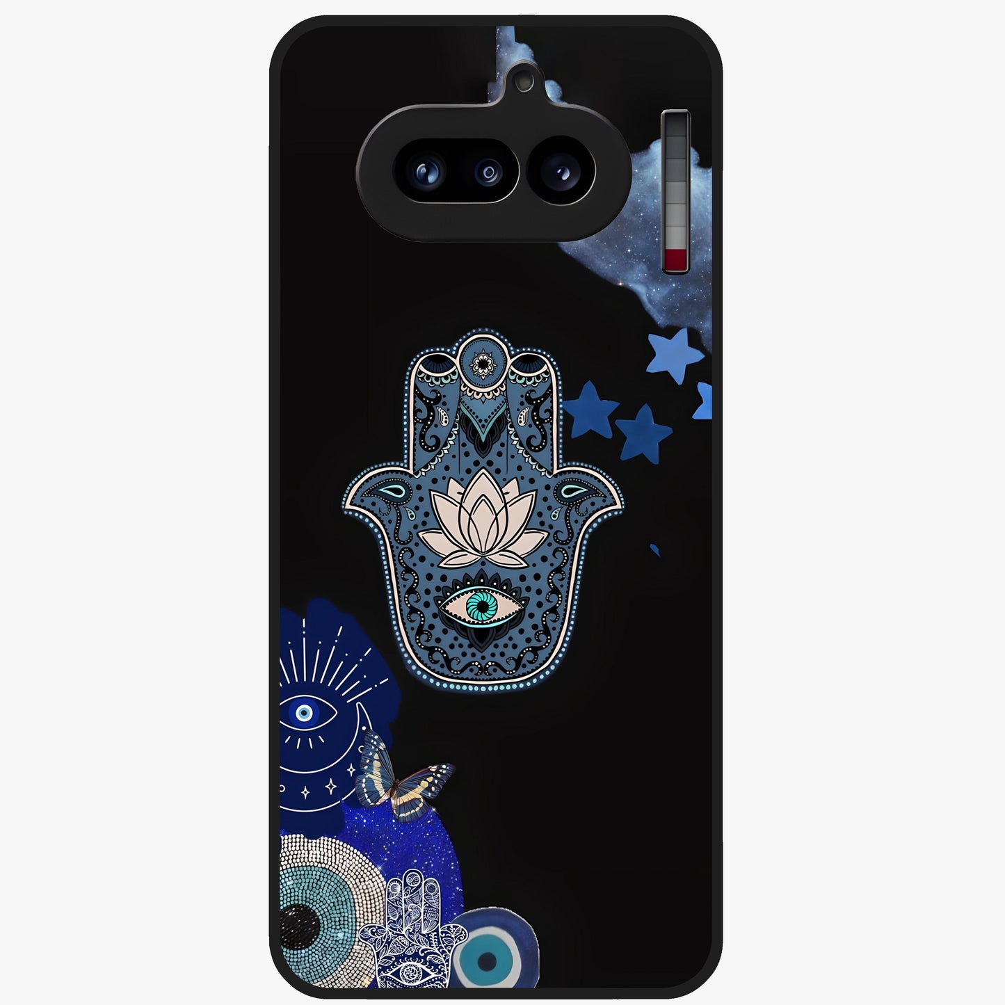 Mystic Hand Aura Glass Case showing flat back view with mystical hand symbol artwork and glossy glass finish.