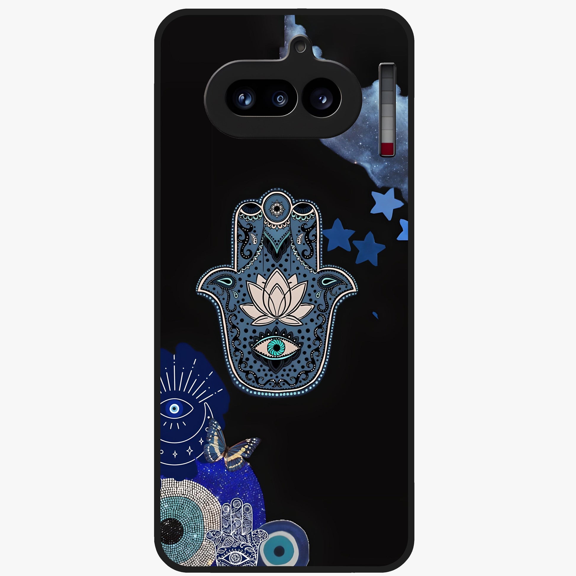 Mystic Hand Aura Glass Case showing flat back view with mystical hand symbol artwork and glossy glass finish.