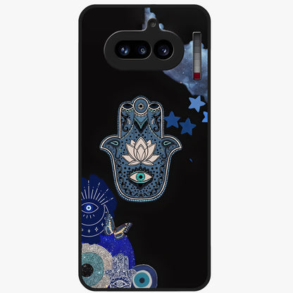 Mystic Hand Aura Glass Case showing flat back view with mystical hand symbol artwork and glossy glass finish.