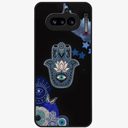 Mystic Hand Aura Glass Case showing flat back view with mystical hand symbol artwork and glossy glass finish.