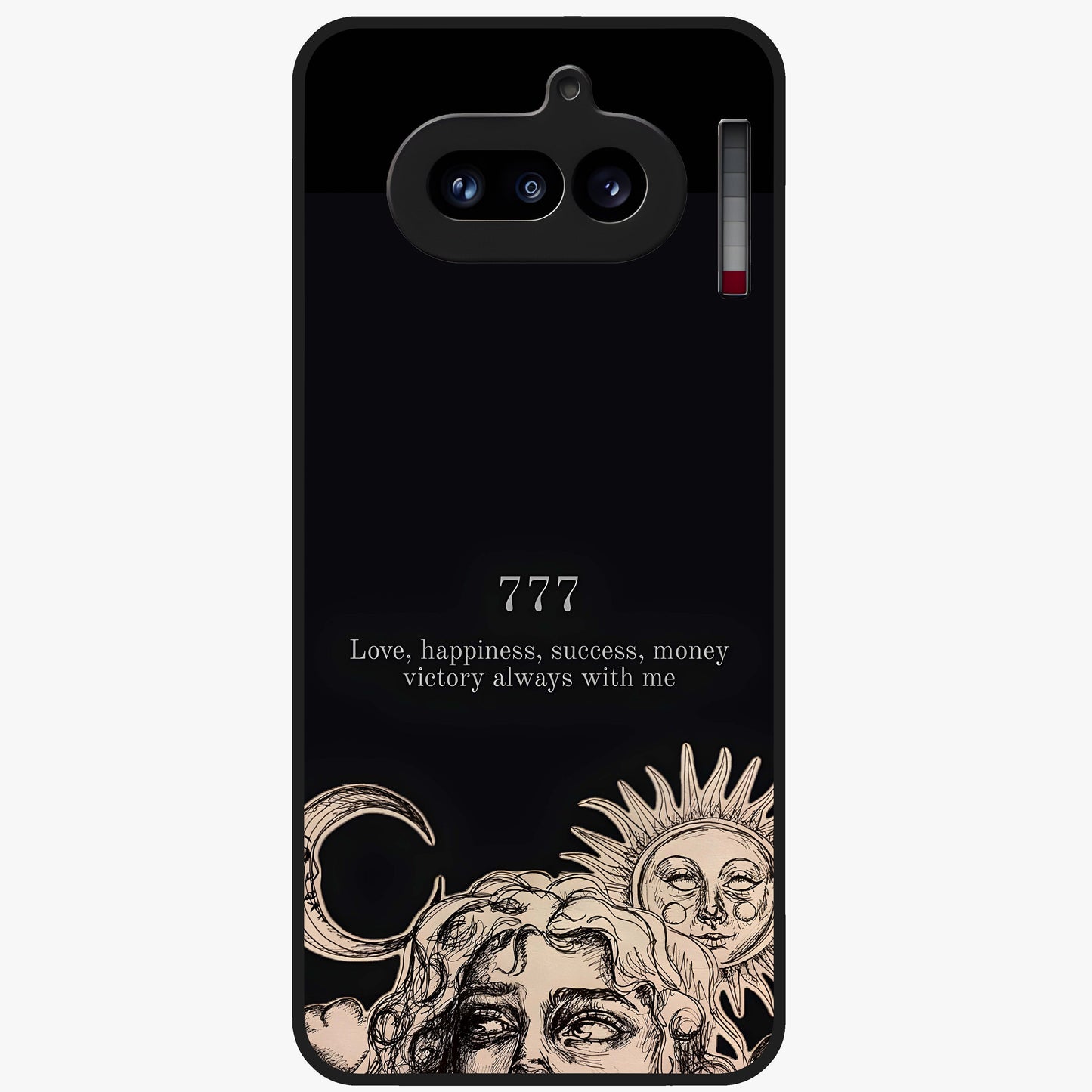 Mystic Victory Aura Glass Case showing flat back view with victory symbol artwork and glossy glass finish.
