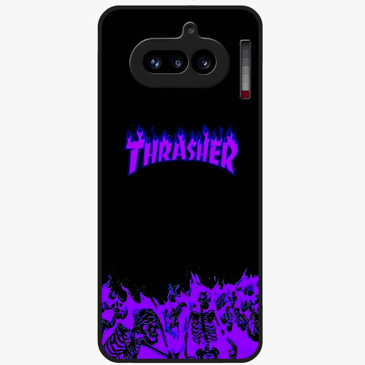 Neon Flame Riot Glass Case showing flat back view with neon flame artwork and glossy glass finish.