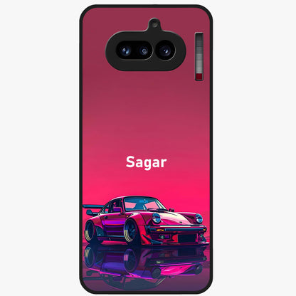 Neon Pink Porsche Glass Case showing flat back view with stylish sports car artwork and glossy glass finish.