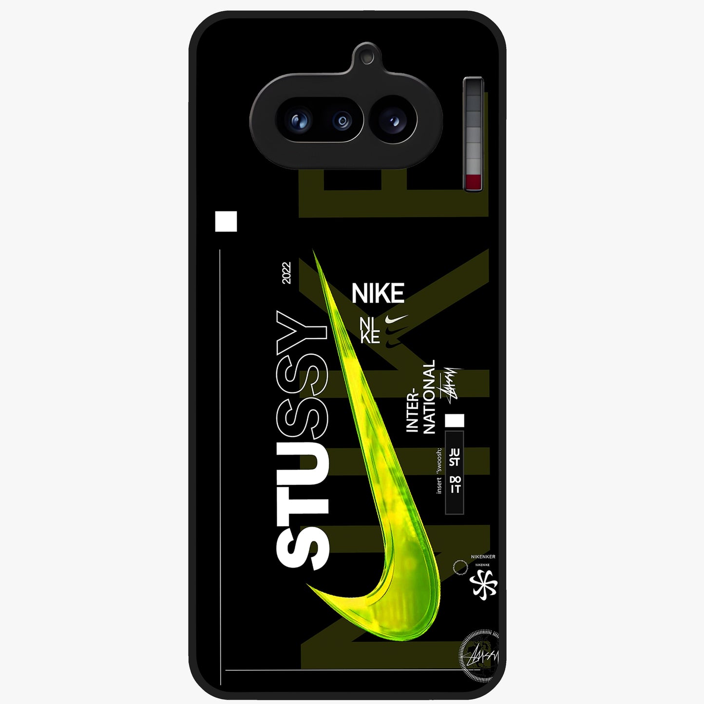 Neon Street Edition Glass Case showing flat back view with neon street style artwork and glossy glass finish.