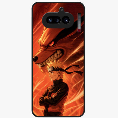 Nine Tails Legacy Glass Case showing flat back view with powerful nine-tailed fox inspired artwork and glossy glass finish.