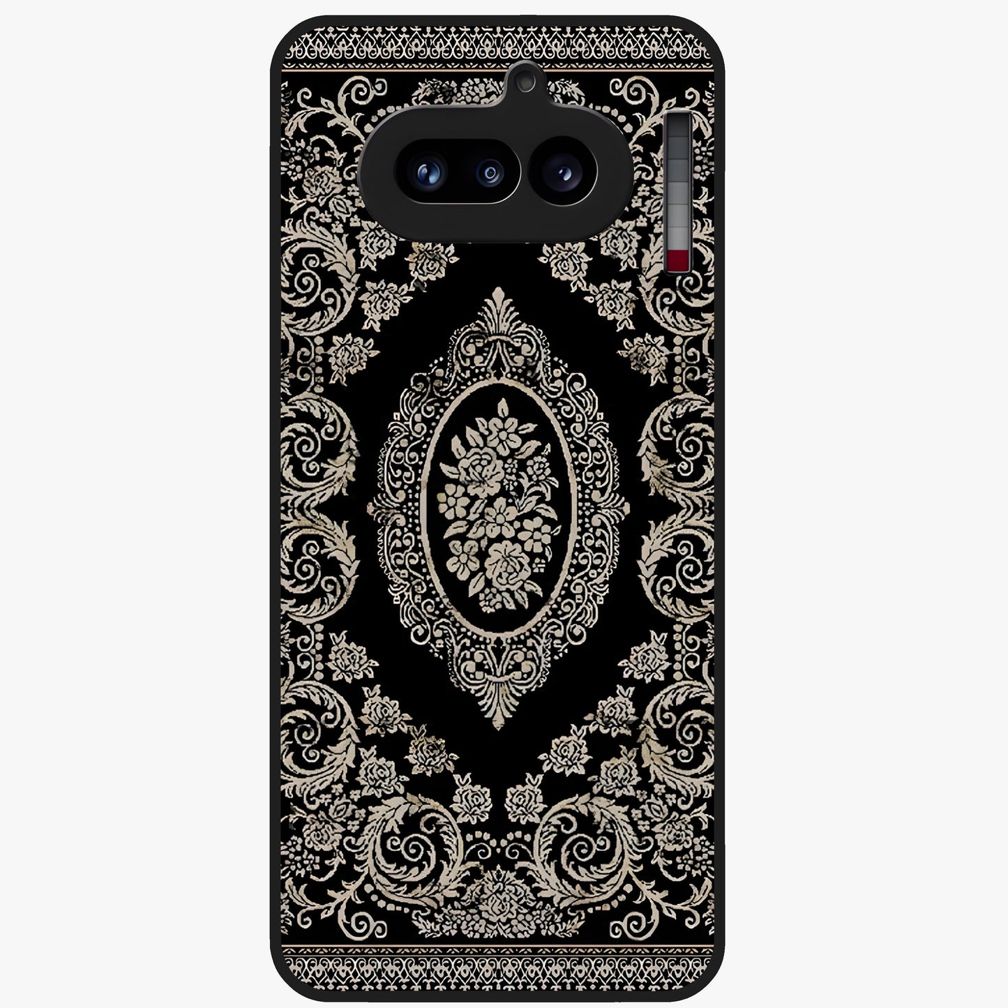 Noir Bloom Elegance Glass Case showing flat back view with elegant dark floral artwork and glossy glass finish.
