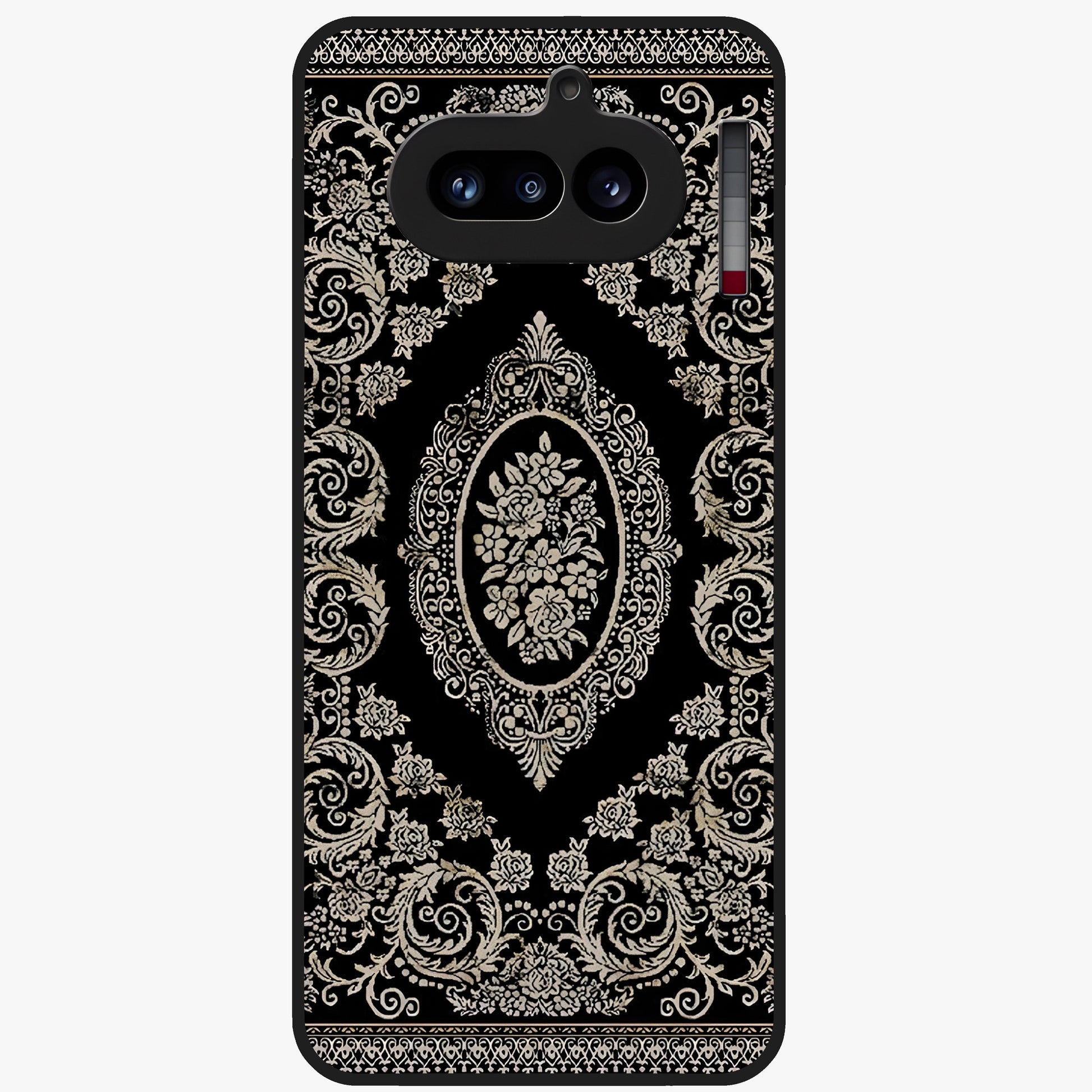 Noir Bloom Elegance Glass Case showing flat back view with elegant dark floral artwork and glossy glass finish.