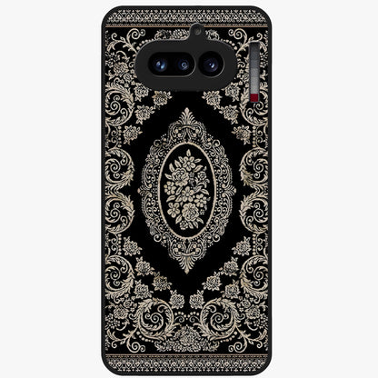 Noir Bloom Elegance Glass Case showing flat back view with elegant dark floral artwork and glossy glass finish.