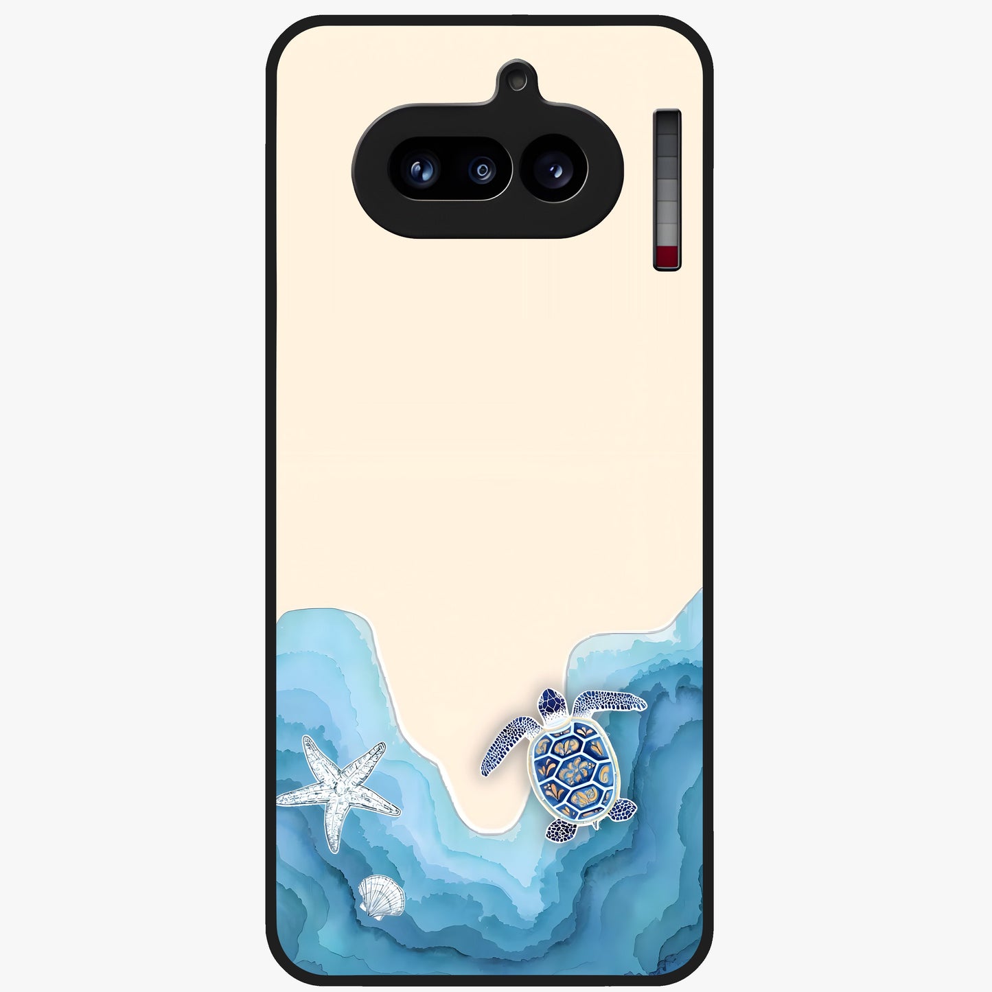 Ocean Drift Turtle Glass Case showing flat back view with sea turtle artwork and glossy glass finish.