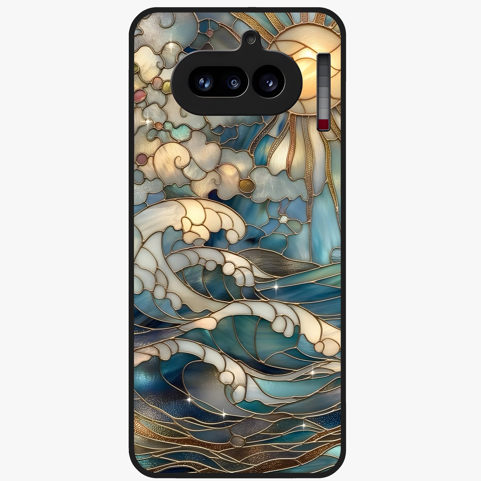 Oceanic Stained Printed Glass Case showing flat back view with ocean inspired stained pattern artwork and glossy glass finish.