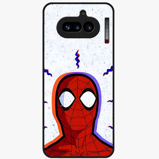 Omg Spiderman Glass Case showing flat back view with bold superhero inspired artwork and glossy glass finish.