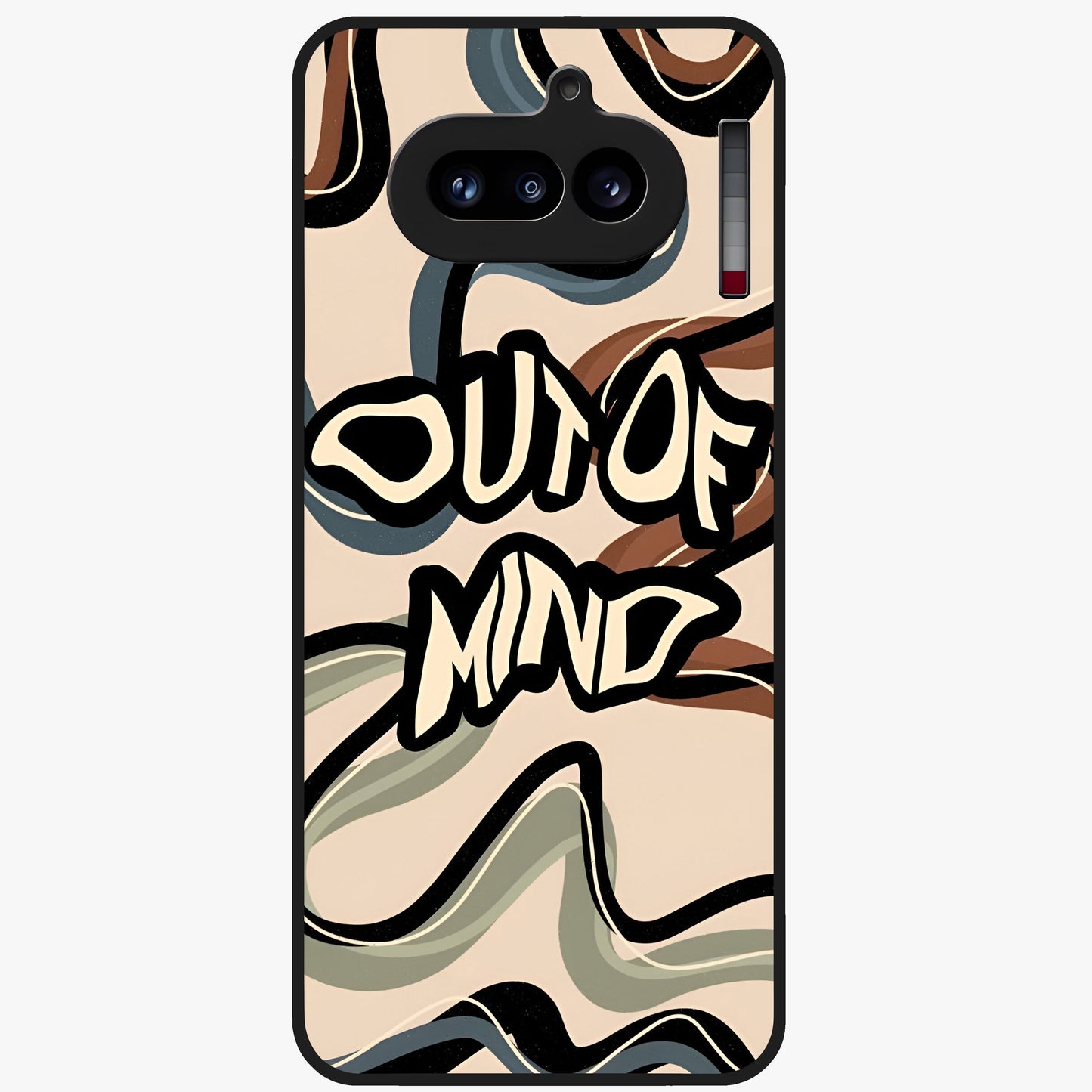 Out Of Mind Glass Case showing flat back view with expressive typography artwork and glossy glass finish.