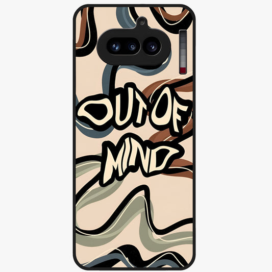Out Of Mind Glass Case showing flat back view with expressive typography artwork and glossy glass finish.