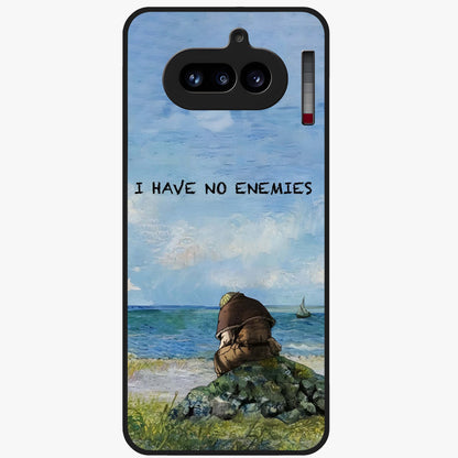 Peace Beyond War Glass Case showing flat back view with symbolic peace themed artwork and glossy glass finish.