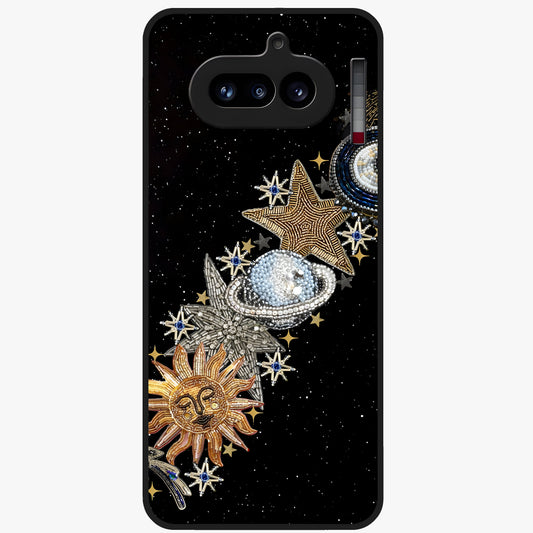 Pearls Universe Object Glass Case showing flat back view with pearl inspired cosmic artwork and glossy glass finish.