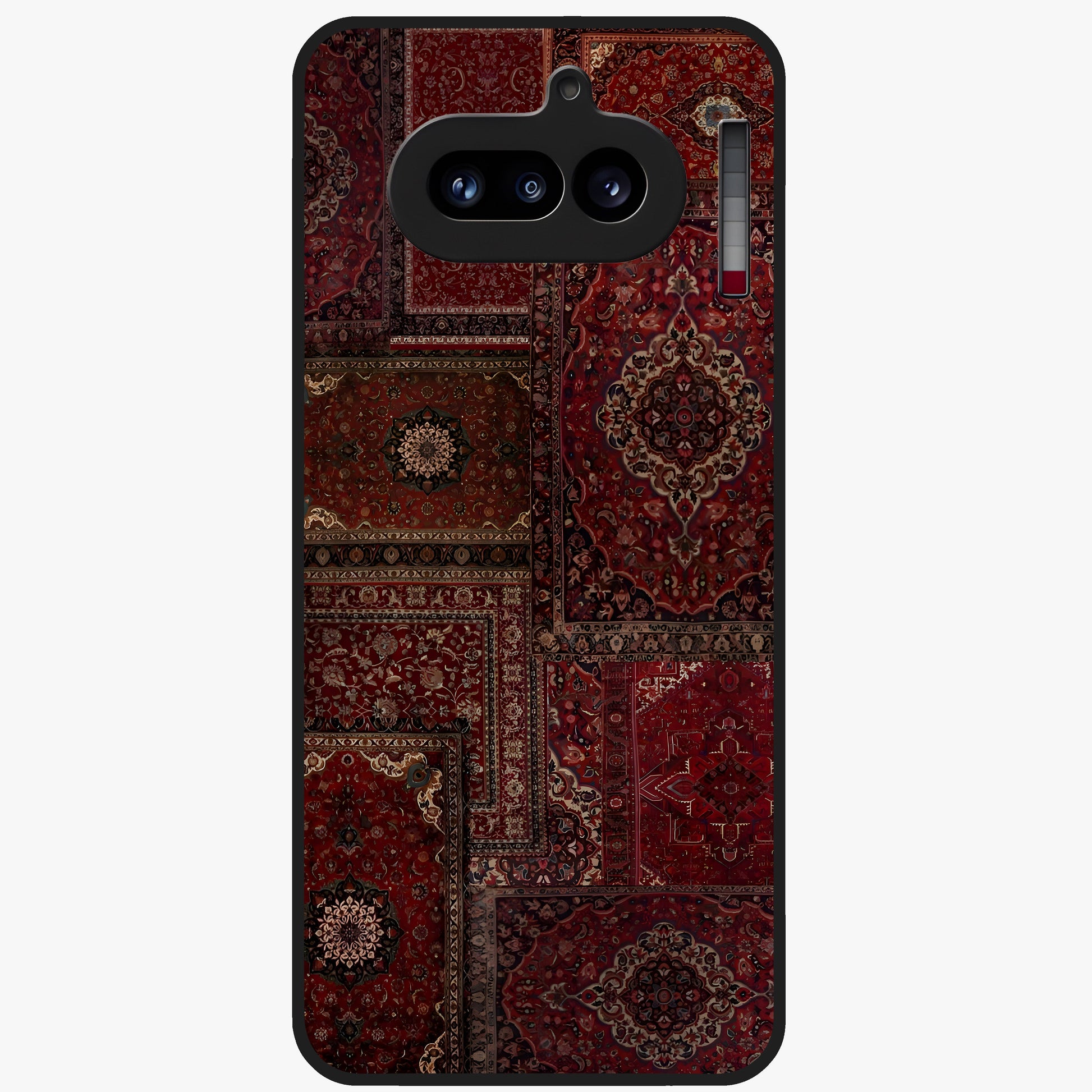 Persian Velvet Tale Glass Case showing flat back view with luxurious Persian velvet pattern artwork and glossy glass finish.