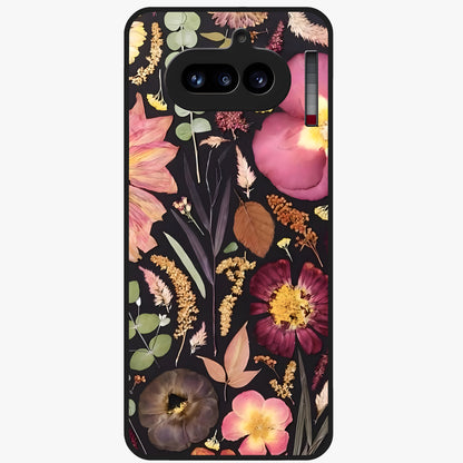 Petal Dream Tapestry Glass Case showing flat back view with intricate floral tapestry artwork and glossy glass finish.