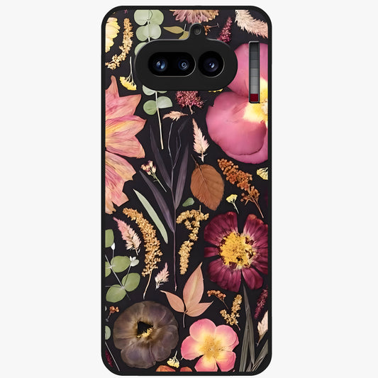 Petal Dream Tapestry Glass Case showing flat back view with intricate floral tapestry artwork and glossy glass finish.