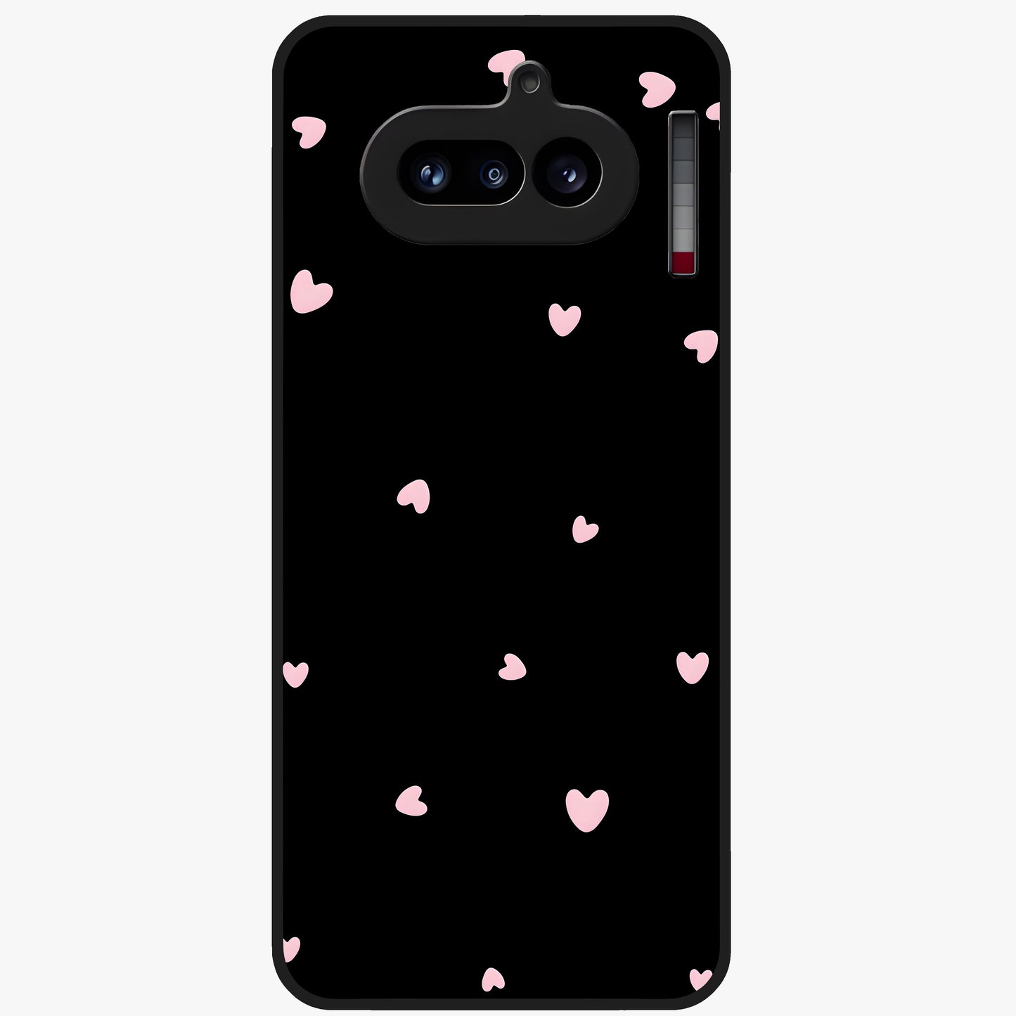 Pink Love Drops Glass Case showing flat back view with playful pink heart drops artwork and glossy glass finish.