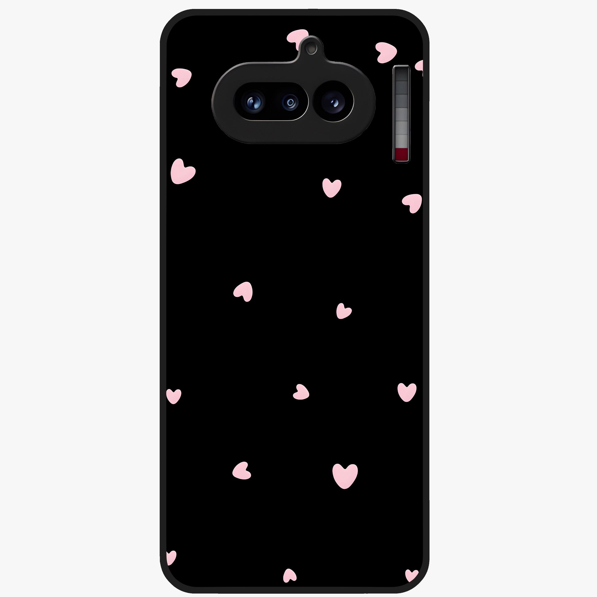 Pink Love Drops Glass Case showing flat back view with playful pink heart drops artwork and glossy glass finish.