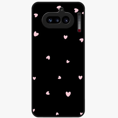Pink Love Drops Glass Case showing flat back view with playful pink heart drops artwork and glossy glass finish.