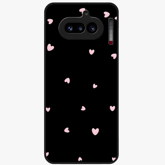 Pink Love Drops Glass Case showing flat back view with playful pink heart drops artwork and glossy glass finish.