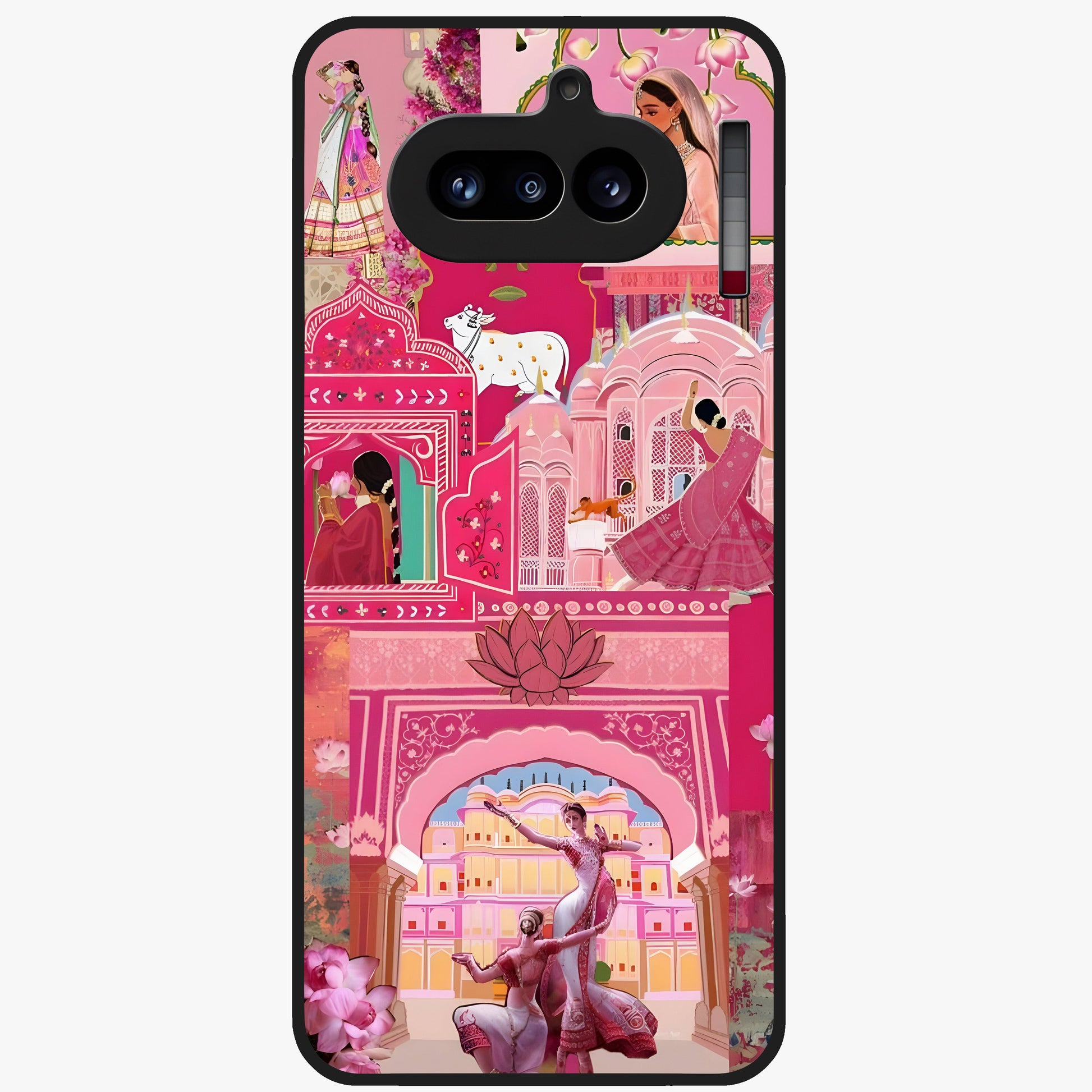 Pink Palace Muse Glass Case showing flat back view with elegant palace inspired artwork and glossy glass finish.