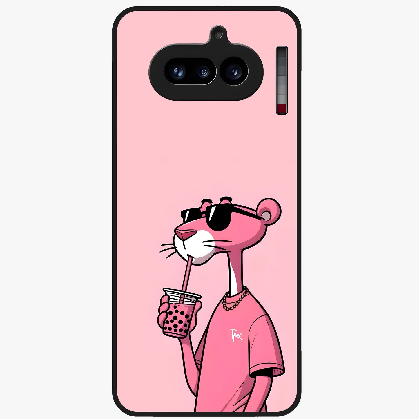 Pink Panther Glass Case showing flat back view with iconic pink panther artwork and glossy glass finish.