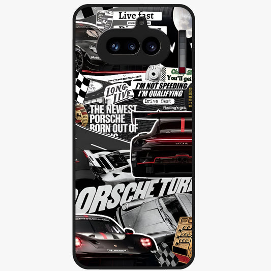 Porsche Racing Collage Glass Case showing flat back view with sports car racing collage artwork and glossy glass finish.