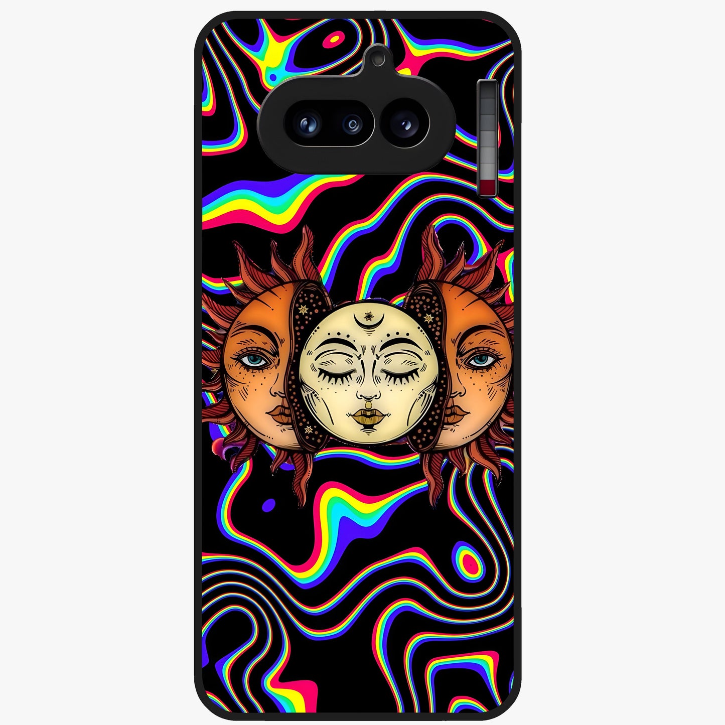 Psychedelic Sun Glass Case showing flat back view with colorful psychedelic sun artwork and glossy glass finish.
