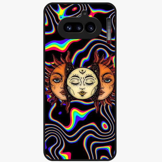 Psychedelic Sun Glass Case showing flat back view with colorful psychedelic sun artwork and glossy glass finish.