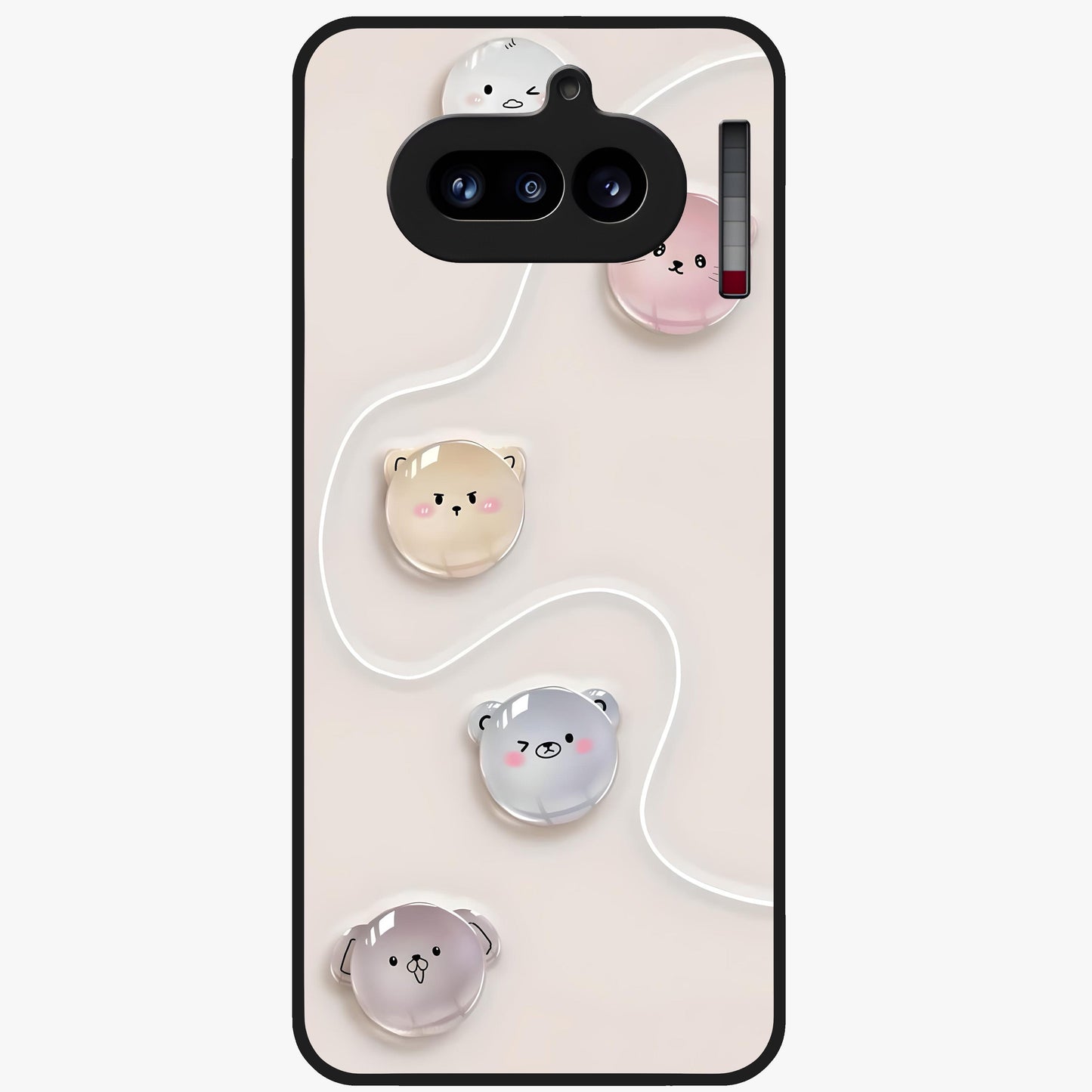 Puffy Face Parade Glass Case showing flat back view with cute puffy character faces artwork and glossy glass finish.