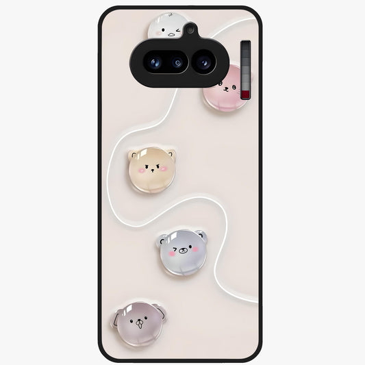 Puffy Face Parade Glass Case showing flat back view with cute puffy character faces artwork and glossy glass finish.