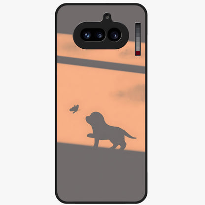 Puppy Shadow Art Glass Case showing flat back view with cute puppy shadow style artwork and glossy glass finish.