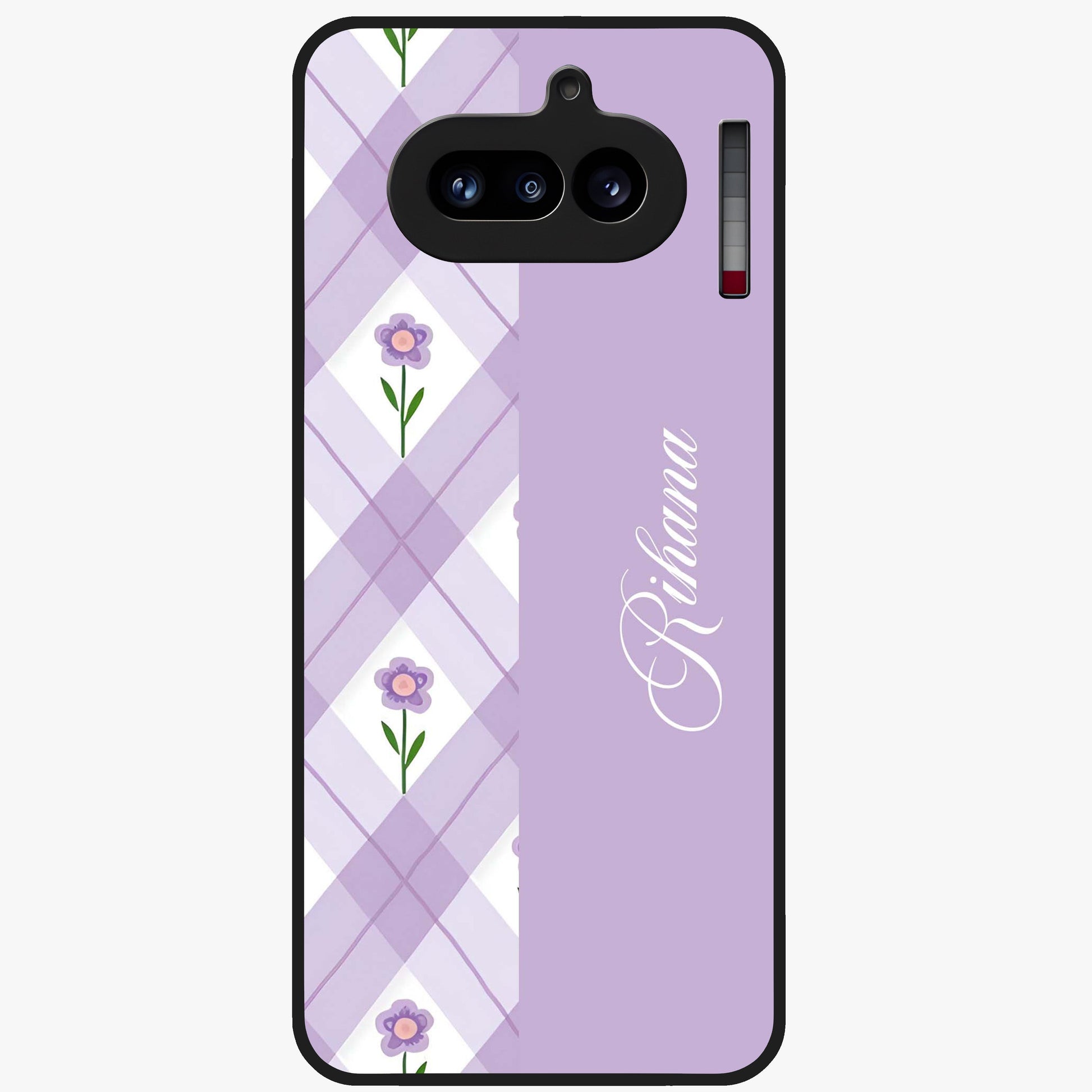 Purple Diamond Floral Glass Case showing flat back view with diamond shaped floral artwork and glossy glass finish.
