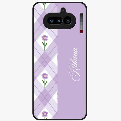 Purple Diamond Floral Glass Case showing flat back view with diamond shaped floral artwork and glossy glass finish.