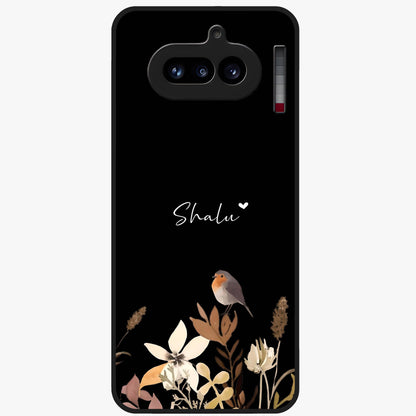 Quiet Garden Tune Custom Name Glass Case showing flat back view with peaceful garden artwork and personalized name design.