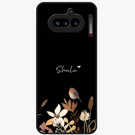 Quiet Garden Tune Custom Name Glass Case showing flat back view with peaceful garden artwork and personalized name design.