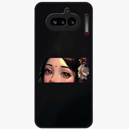 Radha Divine Embrace Glass Case showing flat back view with devotional Radha artwork and glossy glass finish.