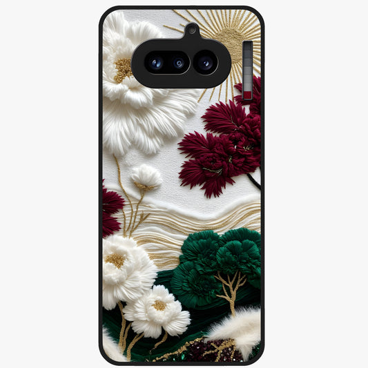 Radiant Bloom Elegance Glass Case showing flat back view with elegant blooming flower artwork and glossy glass finish.