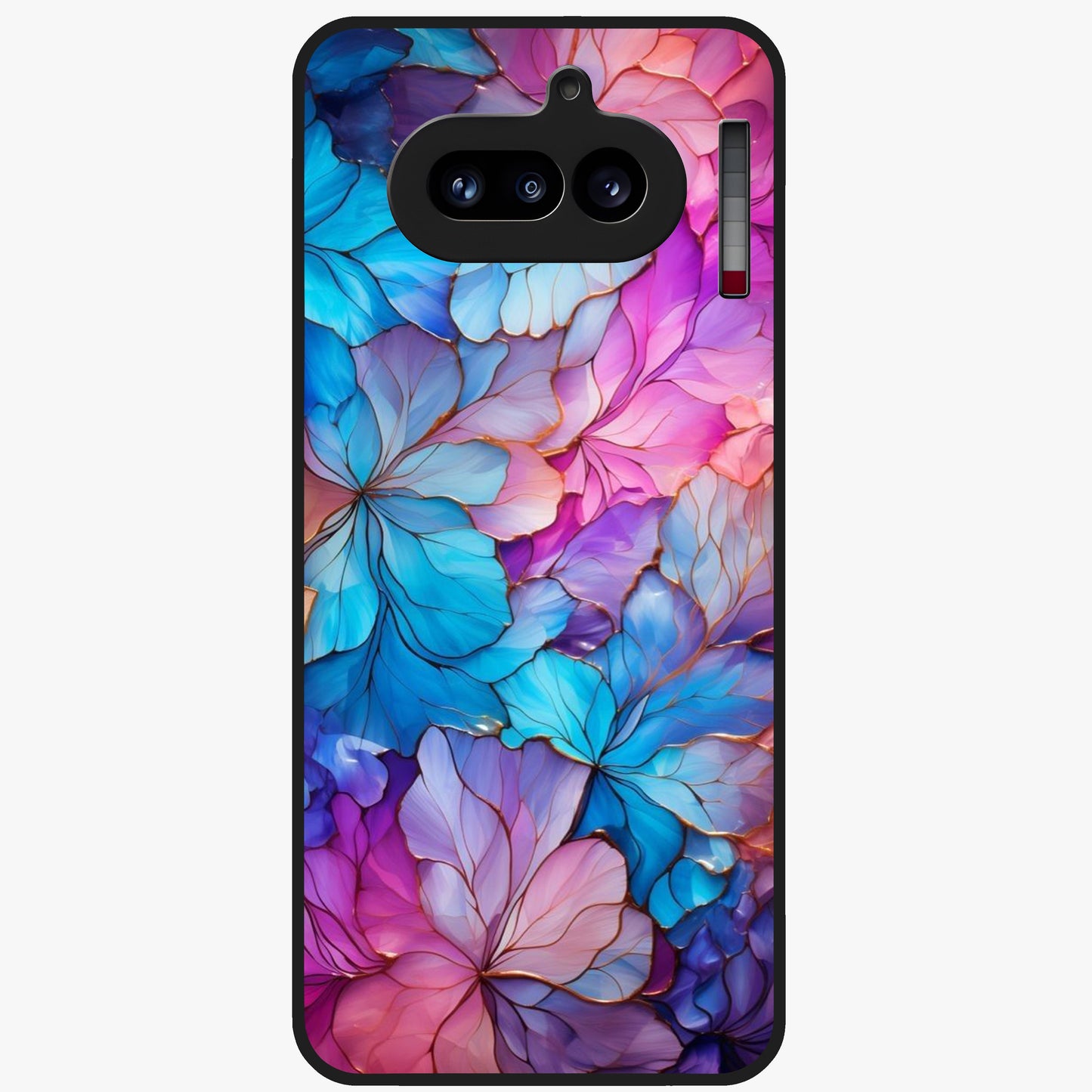Radiant Floral Whirl Glass Case showing flat back view with swirling floral artwork and glossy glass finish.