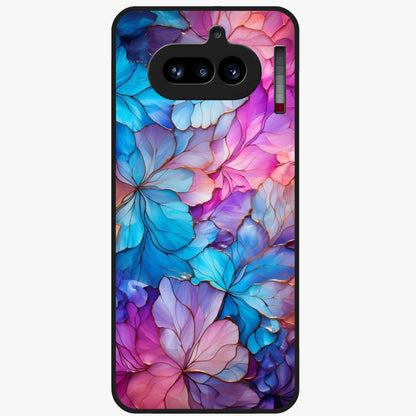 Radiant Floral Whirl Glass Case showing flat back view with swirling floral artwork and glossy glass finish.