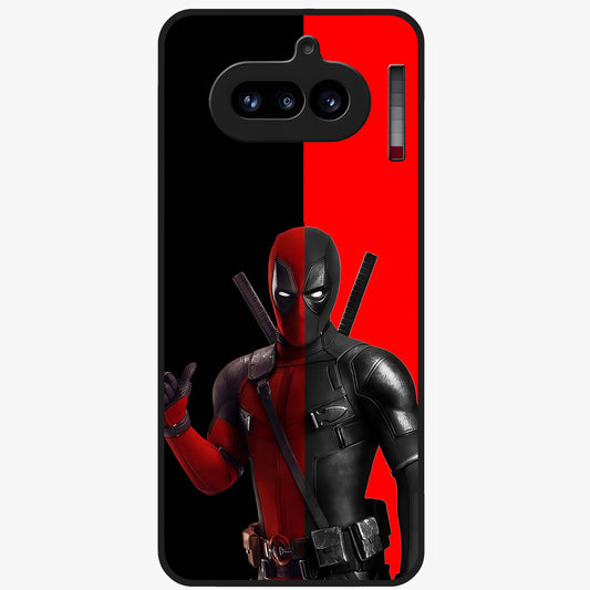 Red & Black Deadpool Theme Glass Case showing flat back view with bold comic inspired artwork and glossy glass finish.