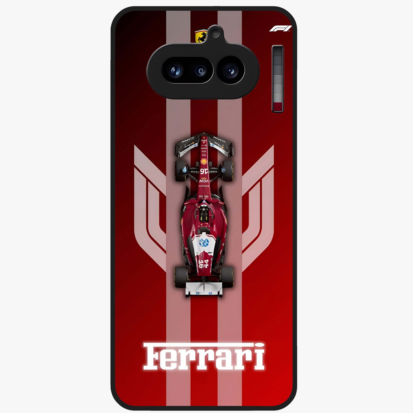 Red Ferrari F1 Vertical Glass Case showing flat back view with sleek Formula racing car artwork and glossy glass finish.