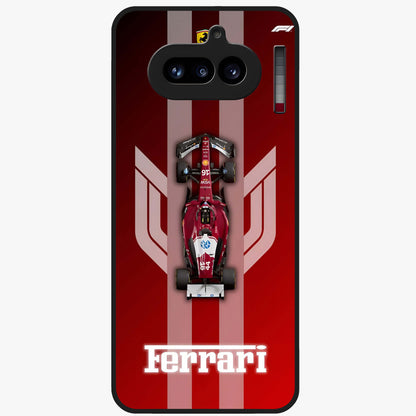 Red Ferrari F1 Vertical Glass Case showing flat back view with sleek Formula racing car artwork and glossy glass finish.