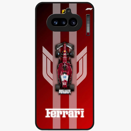 Red Ferrari F1 Vertical Glass Case showing flat back view with sleek Formula racing car artwork and glossy glass finish.