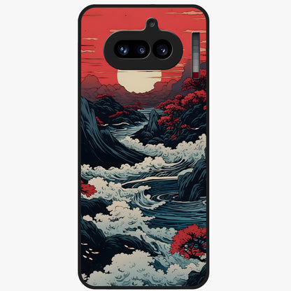 Red Sunset Scenery Glass Case showing flat back view with vibrant sunset landscape artwork and glossy glass finish.