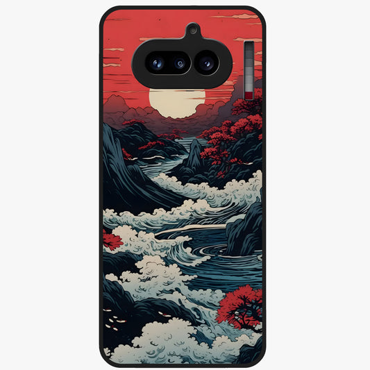 Red Sunset Scenery Glass Case showing flat back view with vibrant sunset landscape artwork and glossy glass finish.