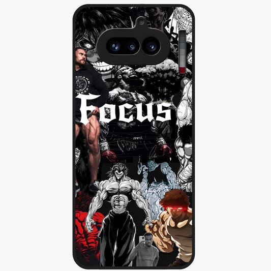 Relentless Power Focus Glass Case showing flat back view with motivational typography artwork and glossy glass finish.