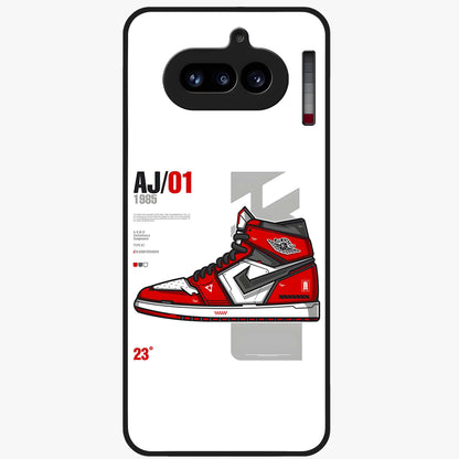 Retro Sneaker Blueprint Glass Case showing flat back view with sneaker blueprint style artwork and glossy glass finish.